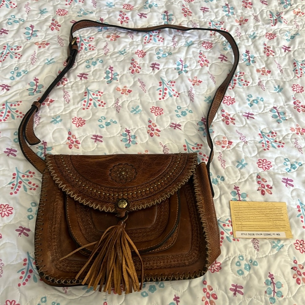 Patricia Nash Designer Purse Shoulder Bag Leather Brown Western Fringe P43106